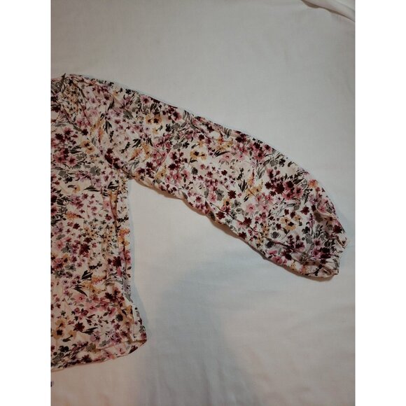 Andrée By Unit Red Olive & Mustard Floral‎ Long Sleeve Blouse Tie Neck Size S - Picture 8 of 15